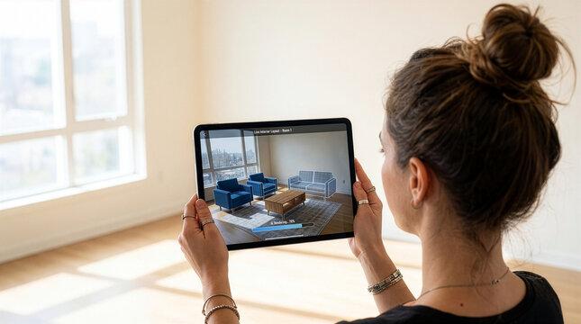 Woman using a tablet to visualize virtual furniture with an AI interior design app in an empty sunlit room