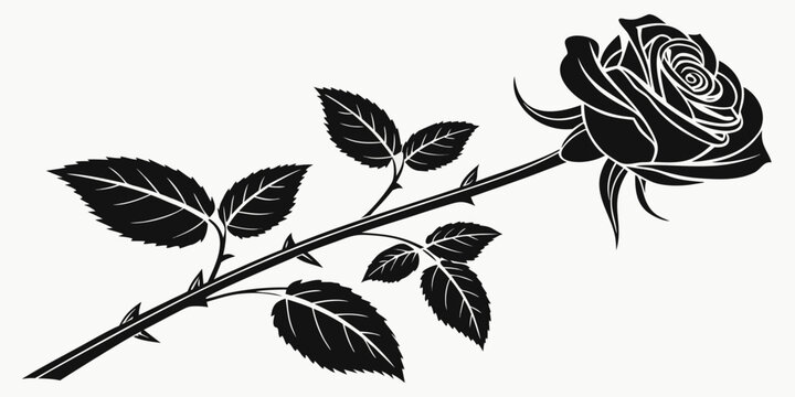 Elegant black rose vector illustration with thorned stem and leaves silhouette illustration botanical romantic isolated decoration monochrome ornamental creative background minimalist