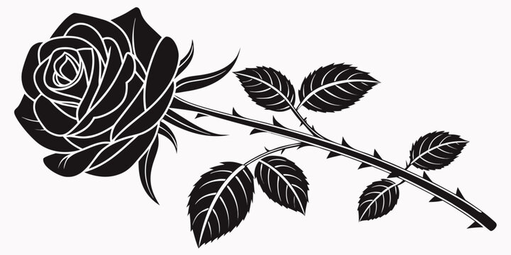 Elegant black rose vector illustration with thorned stem and leaves silhouette illustration botanical romantic isolated decoration monochrome ornamental creative background minimalist