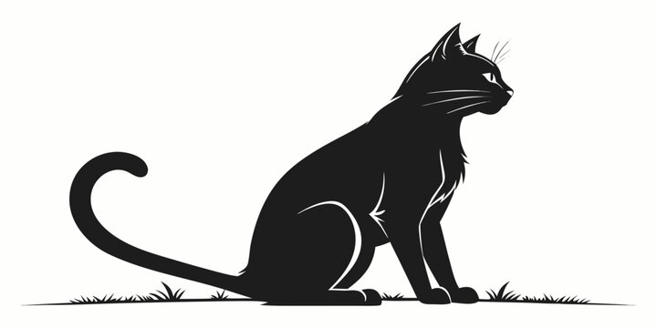 Black silhouette of a sitting domestic cat on grass isolated on white background with silhouette isolated illustration whiskers domestic wildlife minimalist contrast creature predator