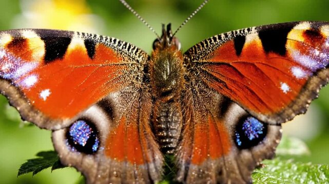 Close-up of a vibrant Peacock Butterfly (Aglais io) with intricate wing patterns, macro photography