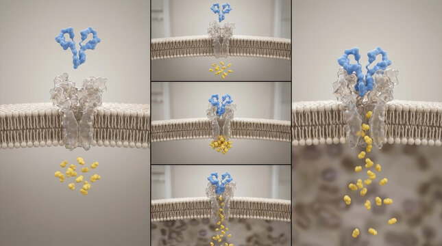 Glucose transporter cell membrane protein channel glucose molecule molecular biology medical illustration Glucose entering cell through protein channel across cell membrane shown molecular biology