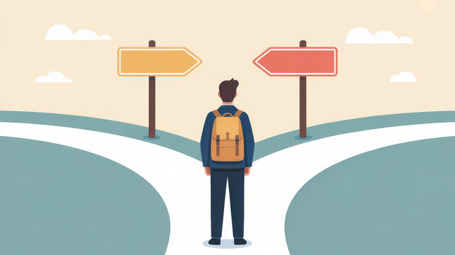 A person with a backpack standing at a fork in the road looking at two blank directional signposts, representing life choices and decision making