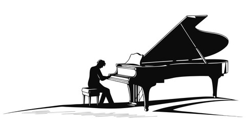Silhouette graphic of a person playing the piano isolated on a white background with musician silhouette instrument classical performance creative entertainment isolated composition elegance © RABBY