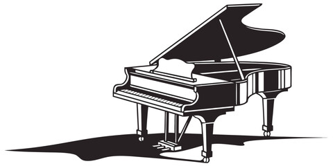 Black and white silhouette of a grand piano on a stage floor with instrument musician silhouette classical performance creative entertainment isolated composition elegance practice interior © RABBY