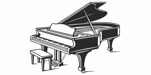 Grand piano and bench vector graphic illustration with instrument performance classical illustration silhouette orchestra auditorium musician creative composition keyboard acoustic © RABBY