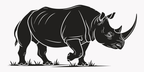 Side view of a black rhinoceros standing on grass silhouette illustration with rhinoceros silhouette wildlife isolated illustration stenciled creature pachyderm strength endangered stylized © RABBY