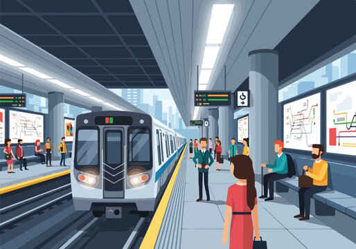 A bustling subway station with a train approaching