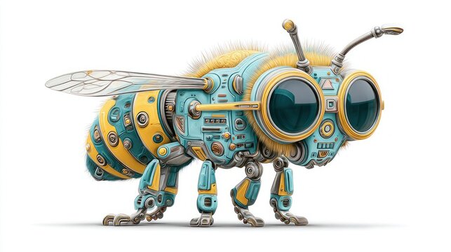 Mechanical bee illustration on white background, futuristic insect design