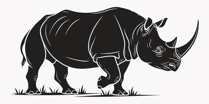 Side view of a black rhinoceros standing on grass silhouette illustration with rhinoceros silhouette wildlife isolated illustration stenciled creature pachyderm strength endangered stylized
