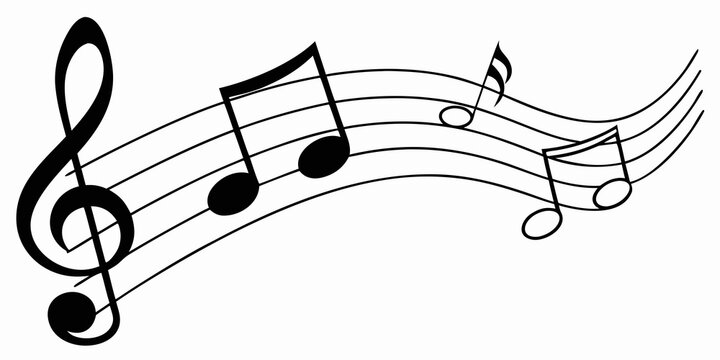 Black and white musical staff illustration with treble clef and flowing notes composition illustration classical instrumental abstract creative performance symphony notation artistic