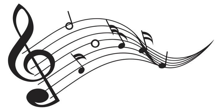 Curved musical staff with treble clef and various notes in simple graphic design composition illustration classical instrumental abstract creative performance symphony notation artistic