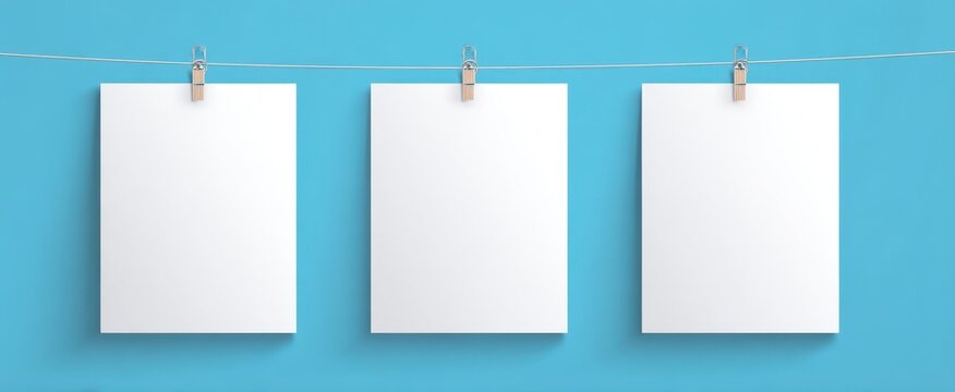 Three blank white papers hanging on a string with clothes pegs against a blue background with soft lighting and shadows