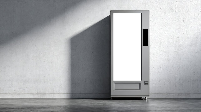 Slim vending kiosk mockup with blank front panel in modern concrete room. Minimal display concept for self service machine branding, digital advertising, retail automation, and product presentation.