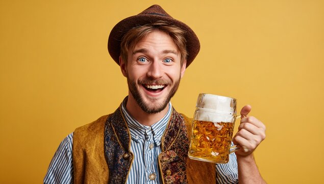 Happy man in traditional fest Bavarian or German outfit with big beer glass