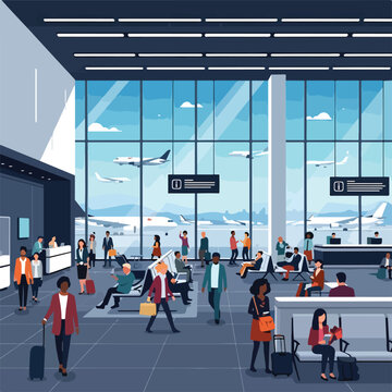 A busy airport terminal with passengers and planes