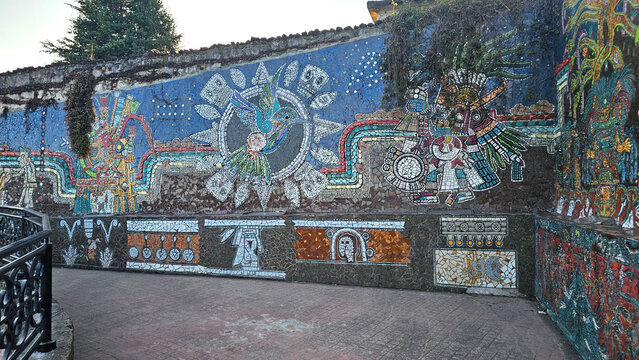 Zacatlan, Puebla, Mexico - Jan 5, 2026: Handcrafted stained glass murals on the walls of the cemetery in the Magical Town of Zacatlan de las Manzanas in Puebla, Mexico