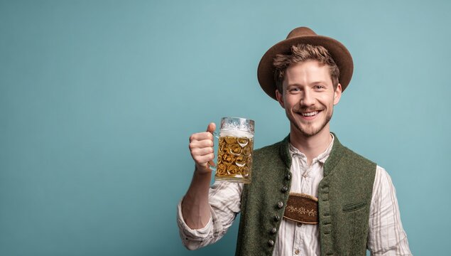 Happy man in traditional fest Bavarian or German outfit with big beer glass