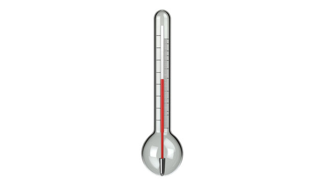 Glass thermometer with red liquid column, isolated on transparent background