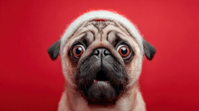 Surprised pug dog wearing a Santa Claus hat on a vibrant red background