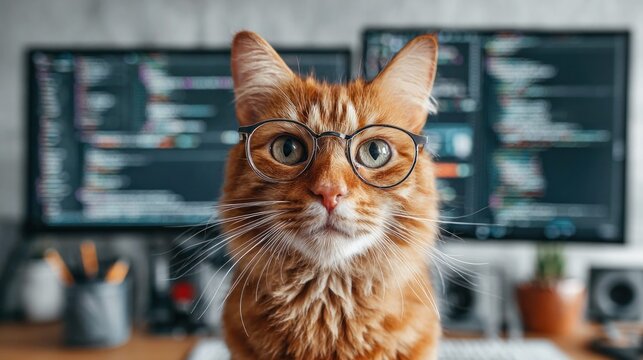 Smart ginger cat wearing glasses in front of computer monitors with code