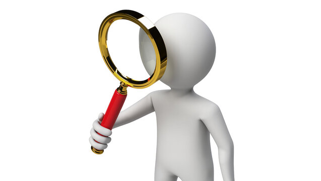 White 3D man holding a golden magnifying glass with red handle, isolated on transparent background