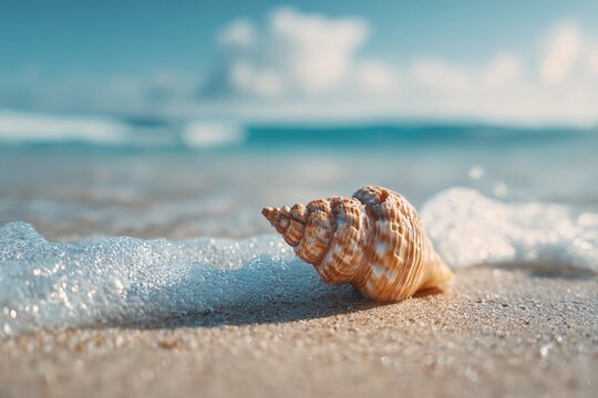 Serene beach background with sandy shore, seashells, and gentle waves 