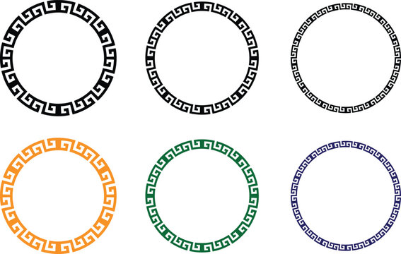 Circular Greek meander key pattern border frames vector illustration set with multiple colors and line weights for traditional award medals and luxury branding.