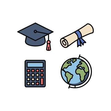 Education icon set including graduation cap and diploma illustration