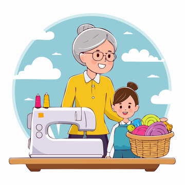 Grandmother and Granddaughter Sewing Together