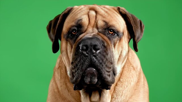 Close-Up Portrait of a Mature Mastiff Dog with Gentle Expression Against a Bright Green Background