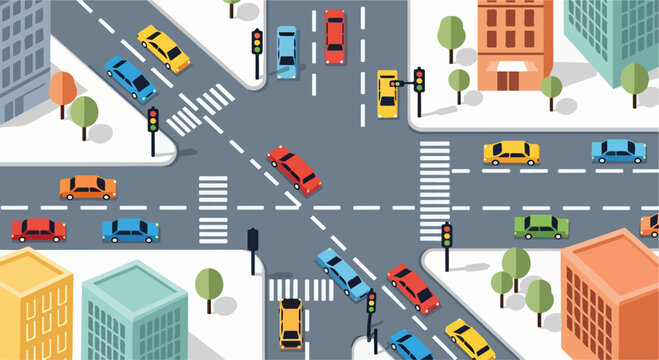 A busy city street intersection with cars and buildings
