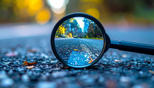Magnifying glass on road, blurred background. Concept of focus, search, discovery and analysis.