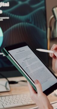 Hands, university student or reading tablet screen in home for thesis review, chapter editing or study. Elearning, girl and tech with stylus for college assignment, fact checking essay and education