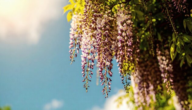 Purple Wisteria flowers hanging against blue sky with copy space