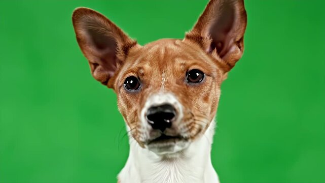 Close-Up View of a Basenji Puppy Face Showcasing Playful Expression Against Green Background