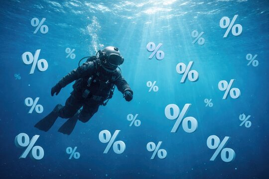 Scuba diver in vintage deep sea diving suit swimming underwater in the deep blue ocean surrounded by floating white percentage symbols in the water