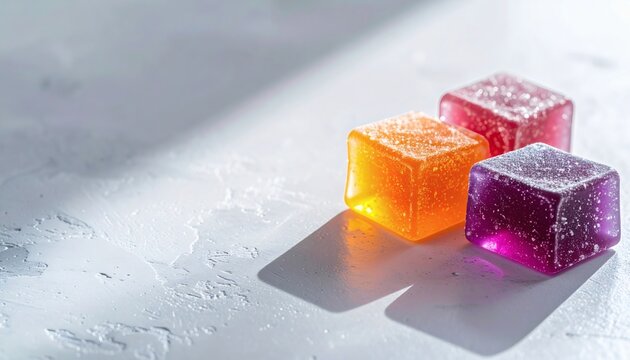 Fruit flavored jelly cubes with sunlight shadows on background
