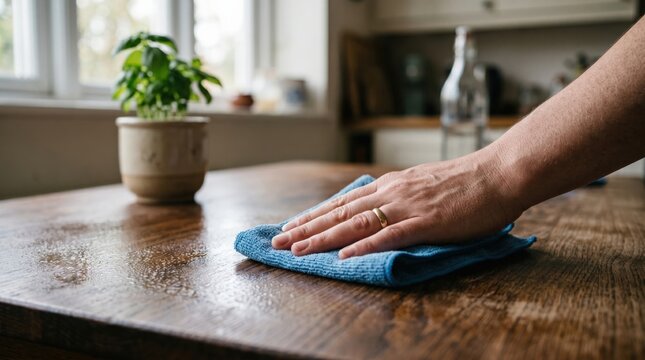 Adult hand wiping wooden kitchen table with blue microfiber cloth for eco-friendly cleaning