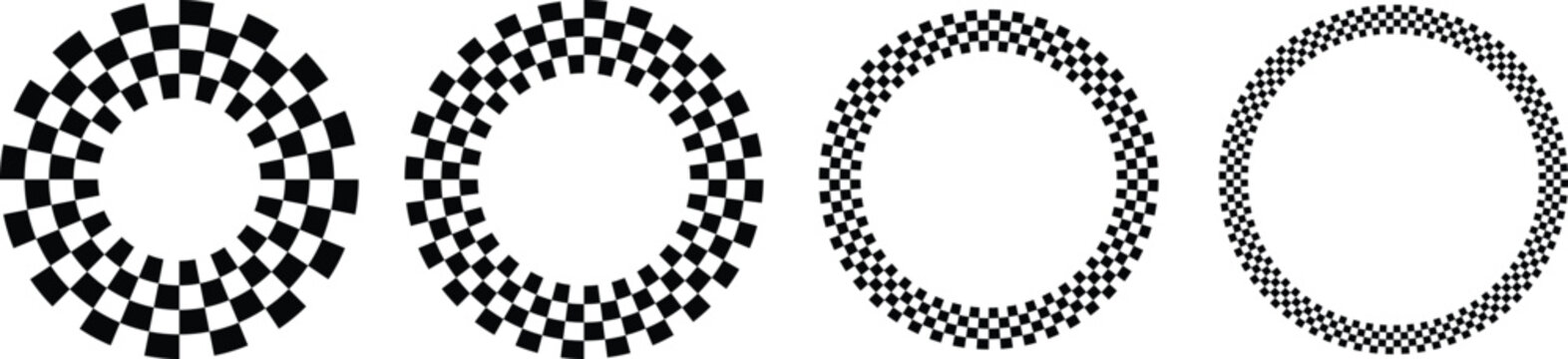 Black and white checkered racing flag pattern round circle border frames vector illustration set for motorsport championship award and emblem design.