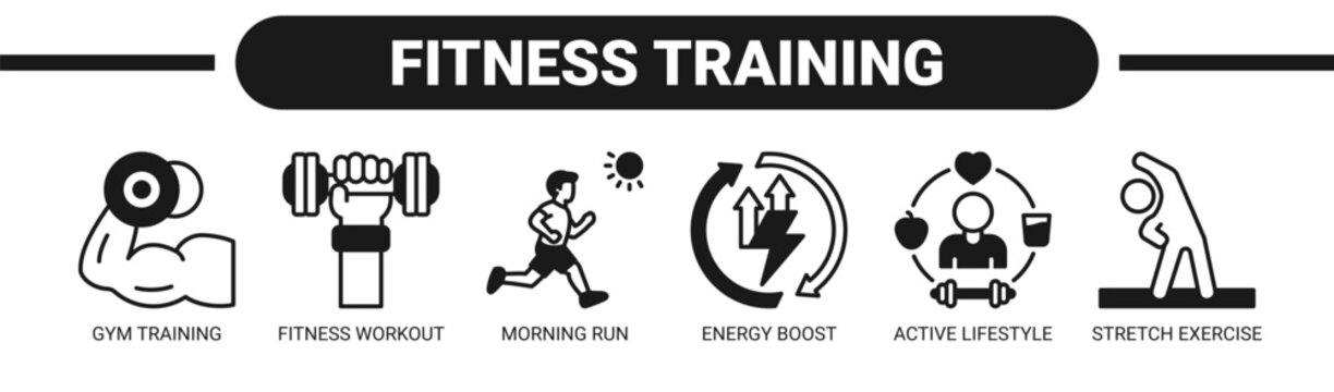 Fitness Training web banner icon vector illustration concept with icons of gym training, fitness workout, morning run, energy boost, active lifestyle, and stretch exercise. 