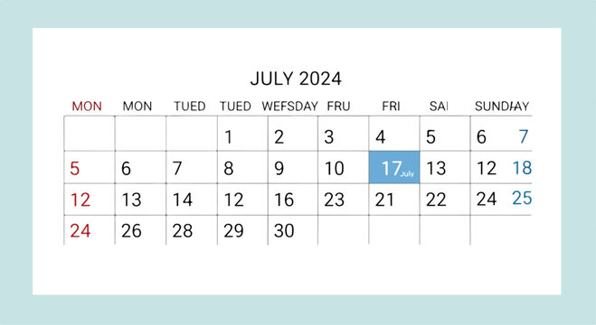 A calendar for July 2024 with days marked
