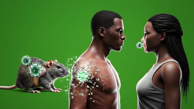 Detailed Anatomical CGI Visualization Depicting Virus Interaction Between Human Figures and Rat on Vibrant Green Background