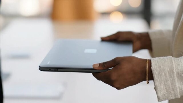 Close-Up of Businessman Handing Over Unbranded Laptop