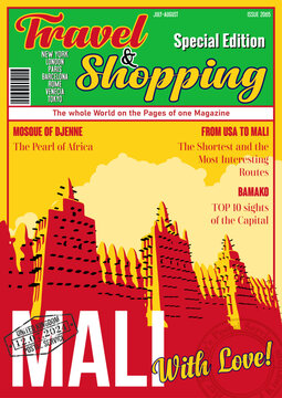Travel and Shopping Magazine Fake Cover. Mali with Love. Great Mosque of Djenne Tourist Attraction Illustration. Mali Flag, Vector Template for Touristic Illustrations, Posters, Covers