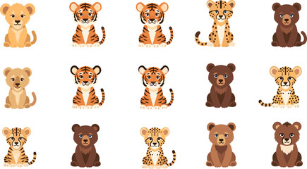Set of Cute Wild Animal Cub Illustrations Featuring Baby Lion Tiger Bear and Cheetah Sitting in Playful Poses for Kids Education and Safari Theme Graphic Designs © sojibislam