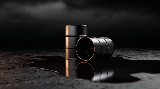 Dark Scene with Oil Drums and Spilled Liquid on Wet Surface