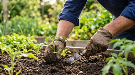 Fototapeta premium Mature male gardener transplanting organic vegetable seedling in sustainable backyard raised bed