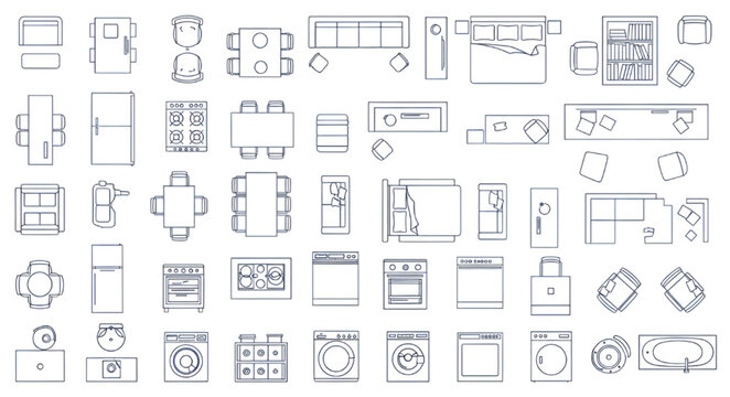 Minimalist furniture line icons for 2D architectural house blueprints and floor plans