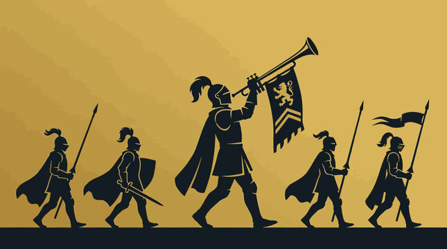 A procession of medieval warriors marching in line